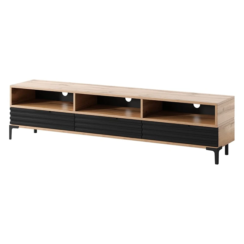 Selsey Rikke Tv Stand - Tv Cabinet - Entertainment Unit - Wotan Oak - Black Gloss - Battery-Operated Led