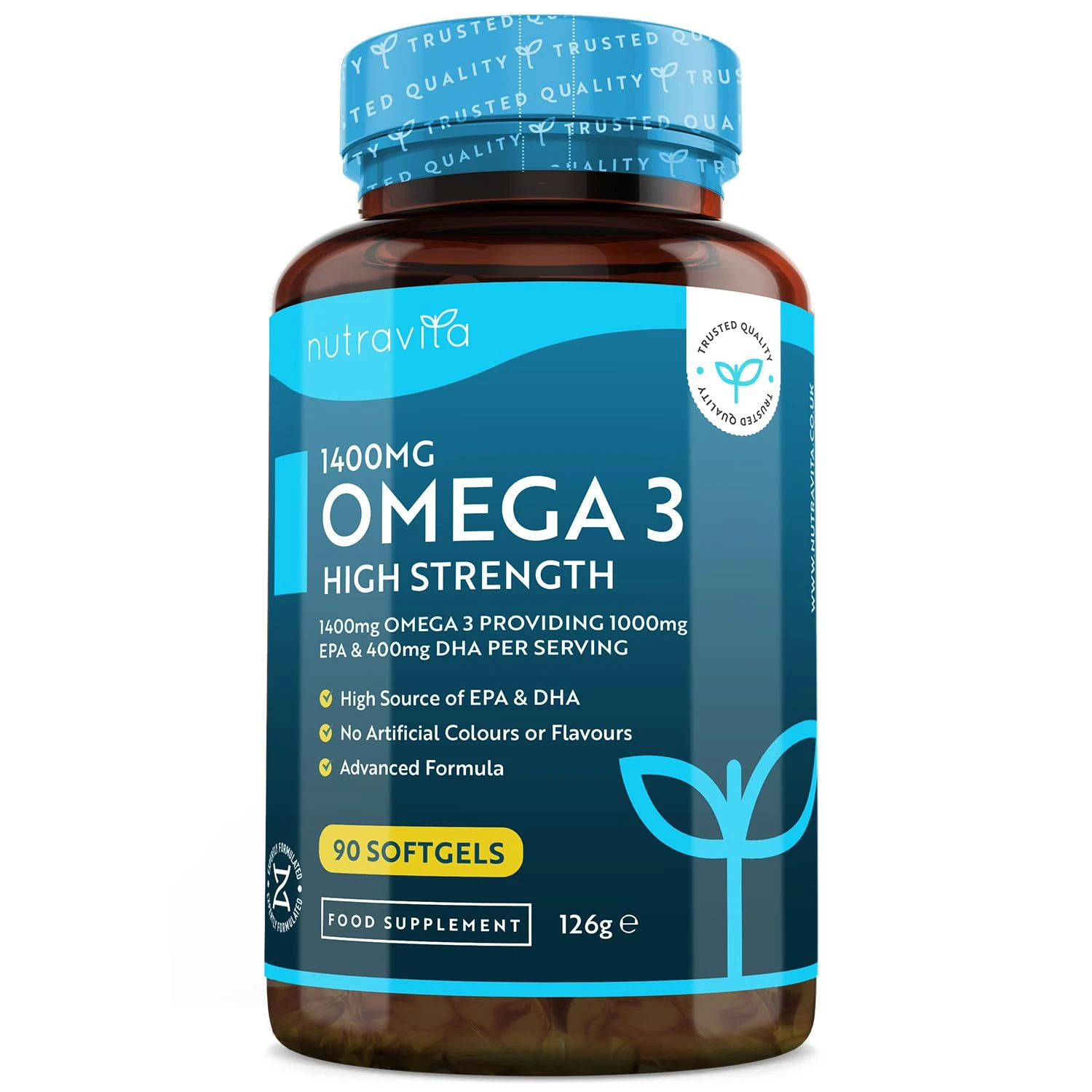 Highest Strength Omega 3 Fish Oil 2000mg - Providing 1000mg EPA & 400mg DHA per Serving - Sustainably Sourced & Contaminant Free - Made in The UK by Nutravita