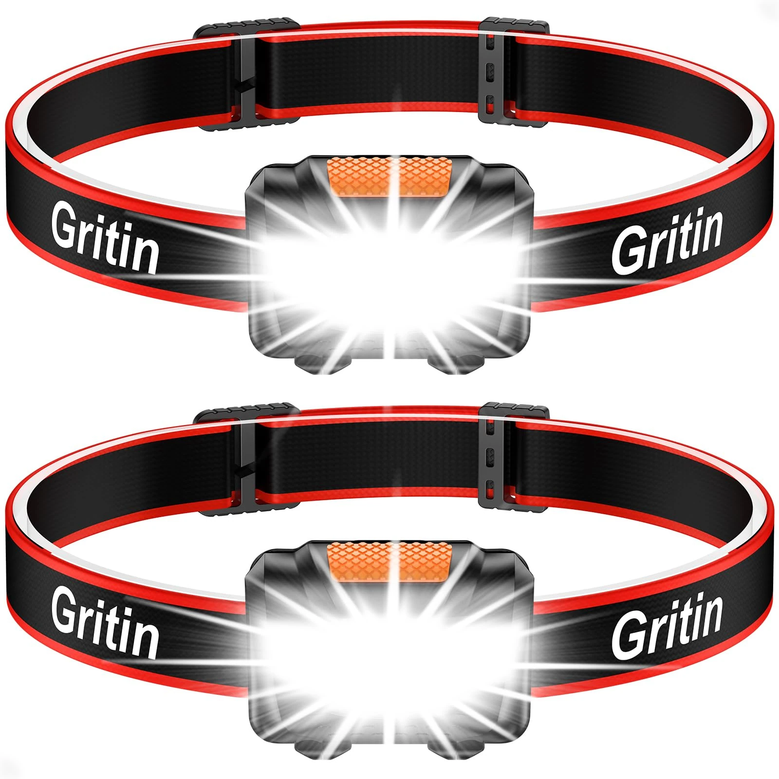 Gritin LED Head Torch, [2 Pack] COB Headlamp Super Bright Headlight, Adjustable with 3 Modes, Lightweight for Running, Camping, Fishing