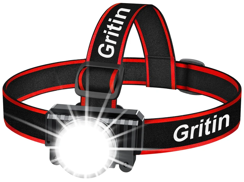 Gritin Head Torch Rechargeable, 2000L Super Bright Waterproof LED Headlamp Headlight with Motion Sensor Control, 4 Light Modes, 30 Hrs Runtime, 90° Angle Adjustable Headlight for Running, Hiking etc.
