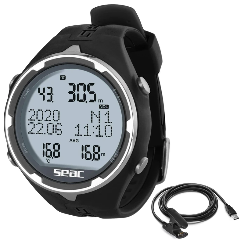 Seac Action, Dive Computer with Scuba and Freediving Mode, Dive Logbook, Dive Planner, Safety Alarms, black + usb