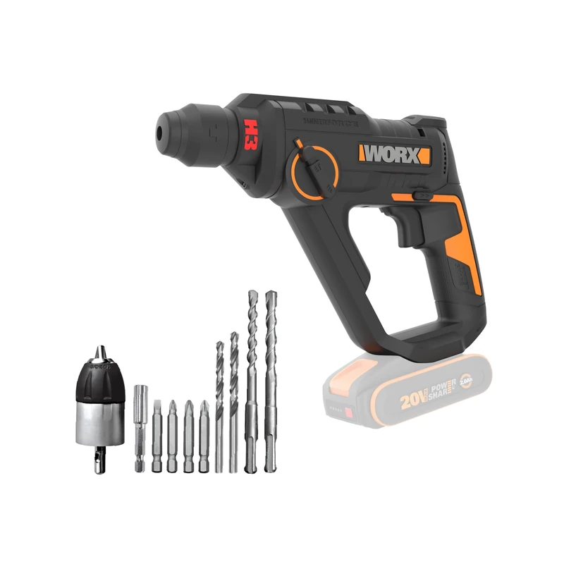 Worx Cordless Hammer Drill 20V 1.2J WX391.9 Fast Drilling in Concrete, 3 Functions in 1, Comes with 10 Drill Bits for Concrete, Wood and Metal, No Battery or Charger
