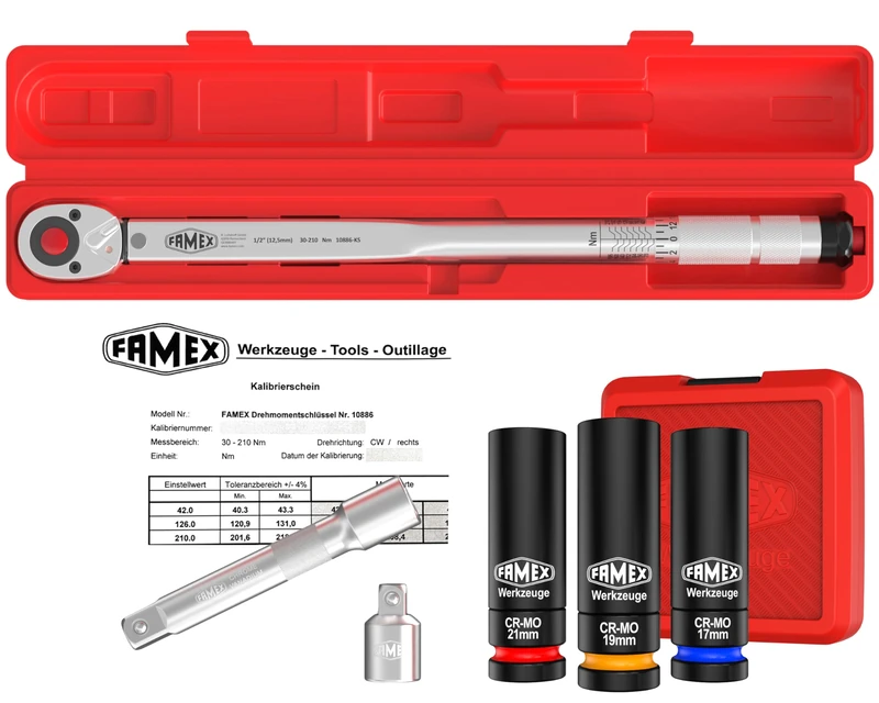 Famex 10886-3N-KS Torque Wrench 1/2 Inch (12.5 mm) 30-210 Nm with Calibration Certificate - Economy Set with Protective Inserts for Wheel Bolts | for Car Van