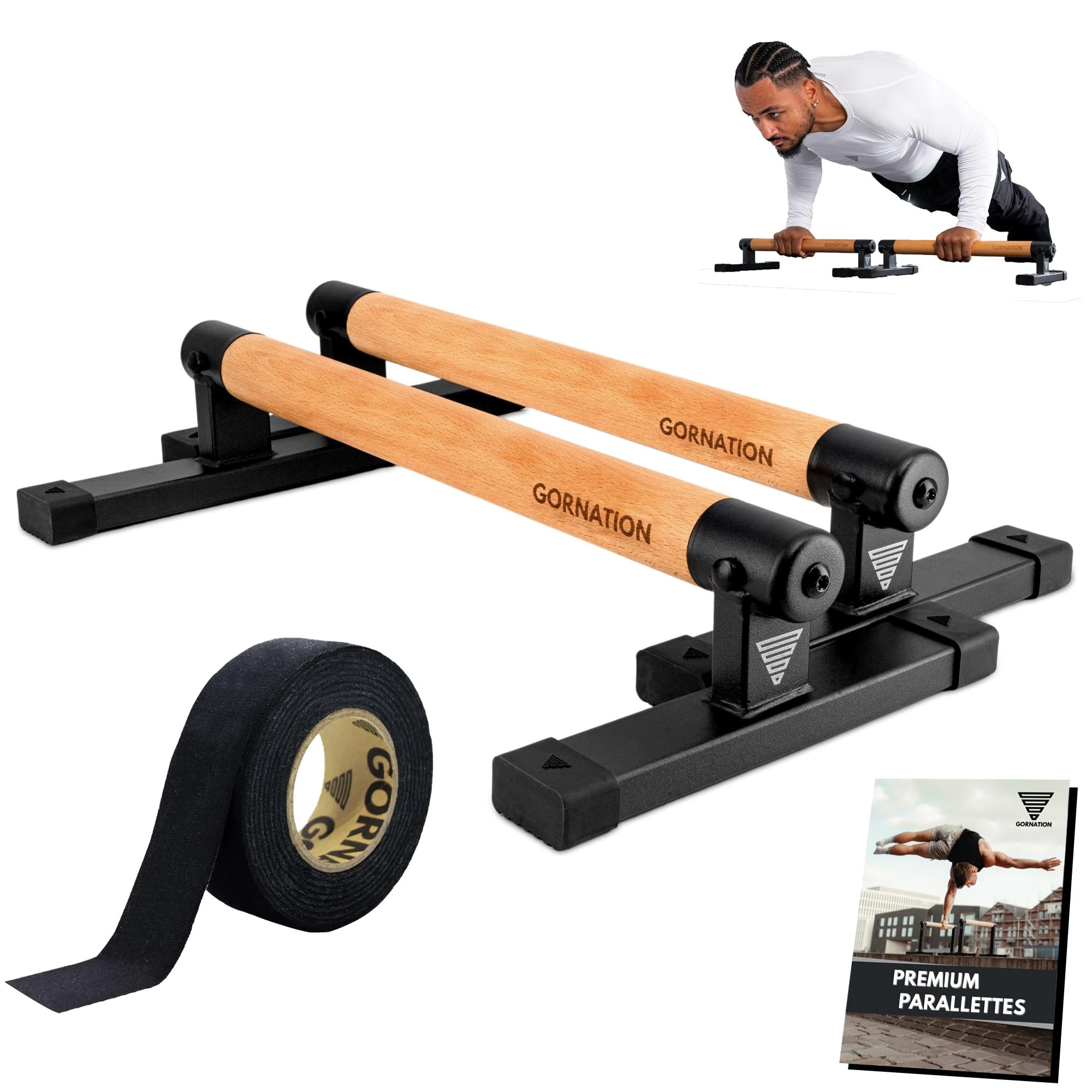 GORNATION® Parallettes in 3 different Sizes | Calisthenics Equipment for Handstands, Push-Ups & more | Optimal Stands for Fitness at Home & Outdoor with Wooden Handles/Bars (PRO)
