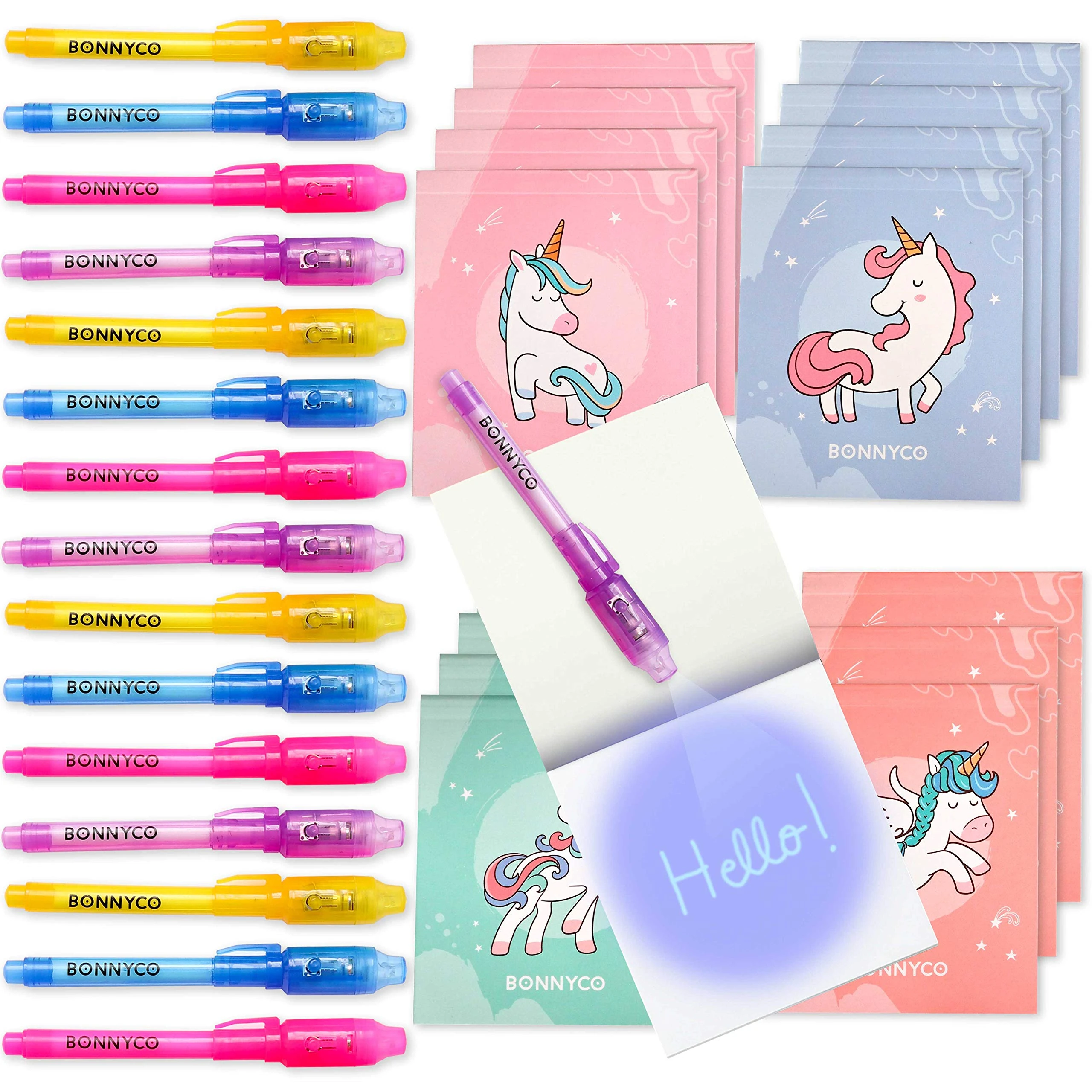 BONNYCO Invisible Ink Pen and Notebook, Pack 16 Unicorns Party Bags Filler and Pinata Toys. Unicorn Birthday Decorations, Stocking Fillers for Kids Birthday. School Prizes, Gifts for Children