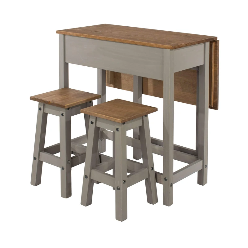 Home Source Corona Breakfast Set, Drop Leaf Kitchen Table with 2 Matching Stools Bar Set, Grey