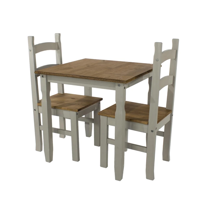 Home Source Solid Pine Wood 2 Chair Kitchen Dining Set, Compact Square Table, Grey