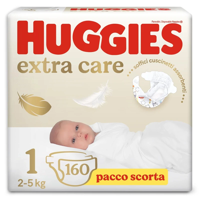 Huggies Extra Care Baby Nappies Size 1 (2-5 kg), Ultra Absorbent, Pack of 160