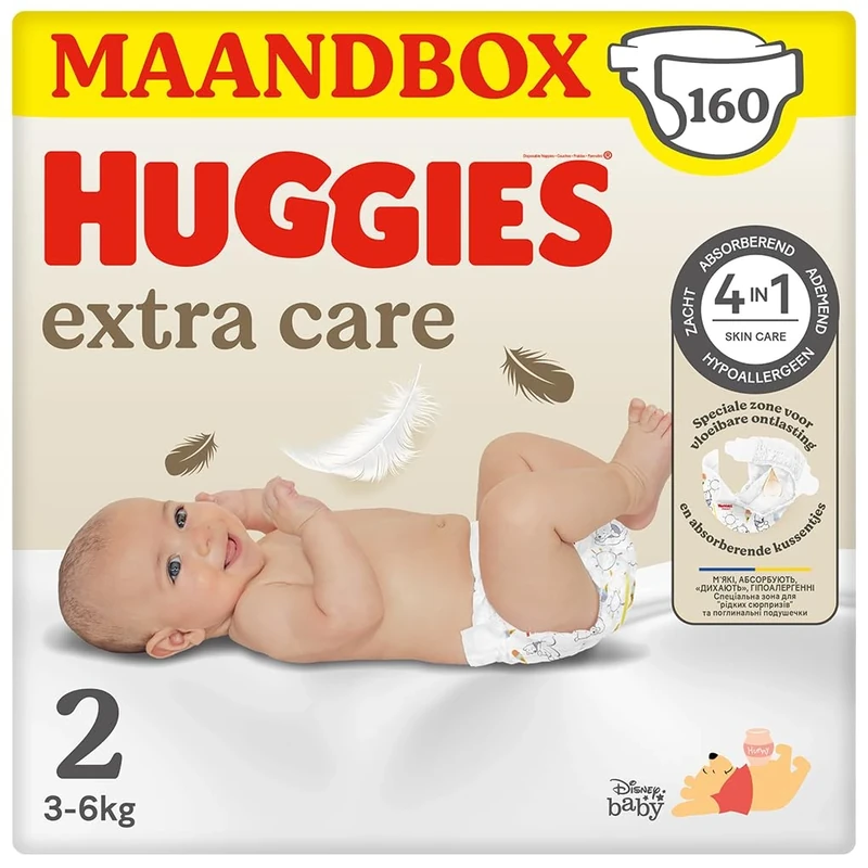 Huggies Extra Care Baby Nappies Size 2 (3-6 kg), Ultra Absorbent, Pack of 160