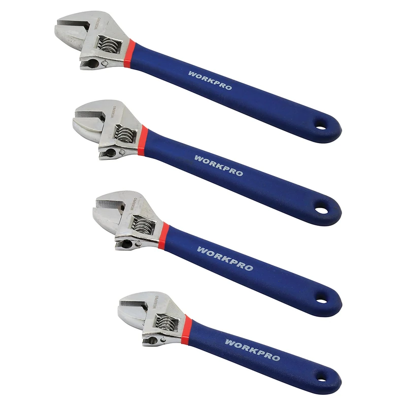 WORKPRO W003205 Adjustable Wrench Set, Chrome Vanadium Steel Construction, Comfort Non-Slip Handles, (4 Pack), Zinc