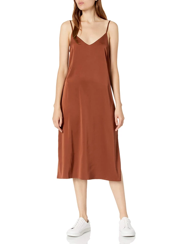 The Drop Women's Ana Silky V-Neck Midi Slip Dress, Tortoise Shell, XXL Plus