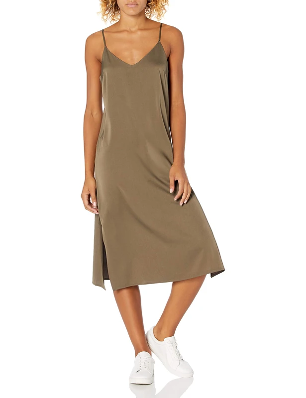 The Drop Women's Ana Silky V-Neck Midi Slip Dress, Dark Olive, L