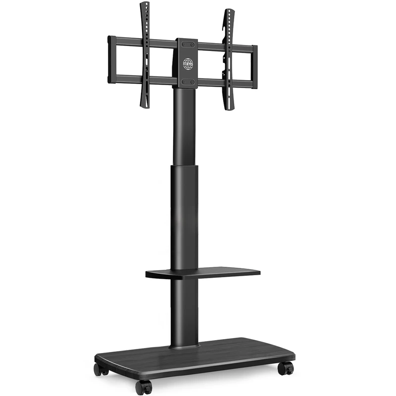 FITUEYES Mobile TV Stand on Wheels with Wood Base for 32-70 inch TV, 60° Swivel & 6 Height Adjustable Tall Floor TV Stand with Shelf, Max VESA 600×400mm Holds 40kg