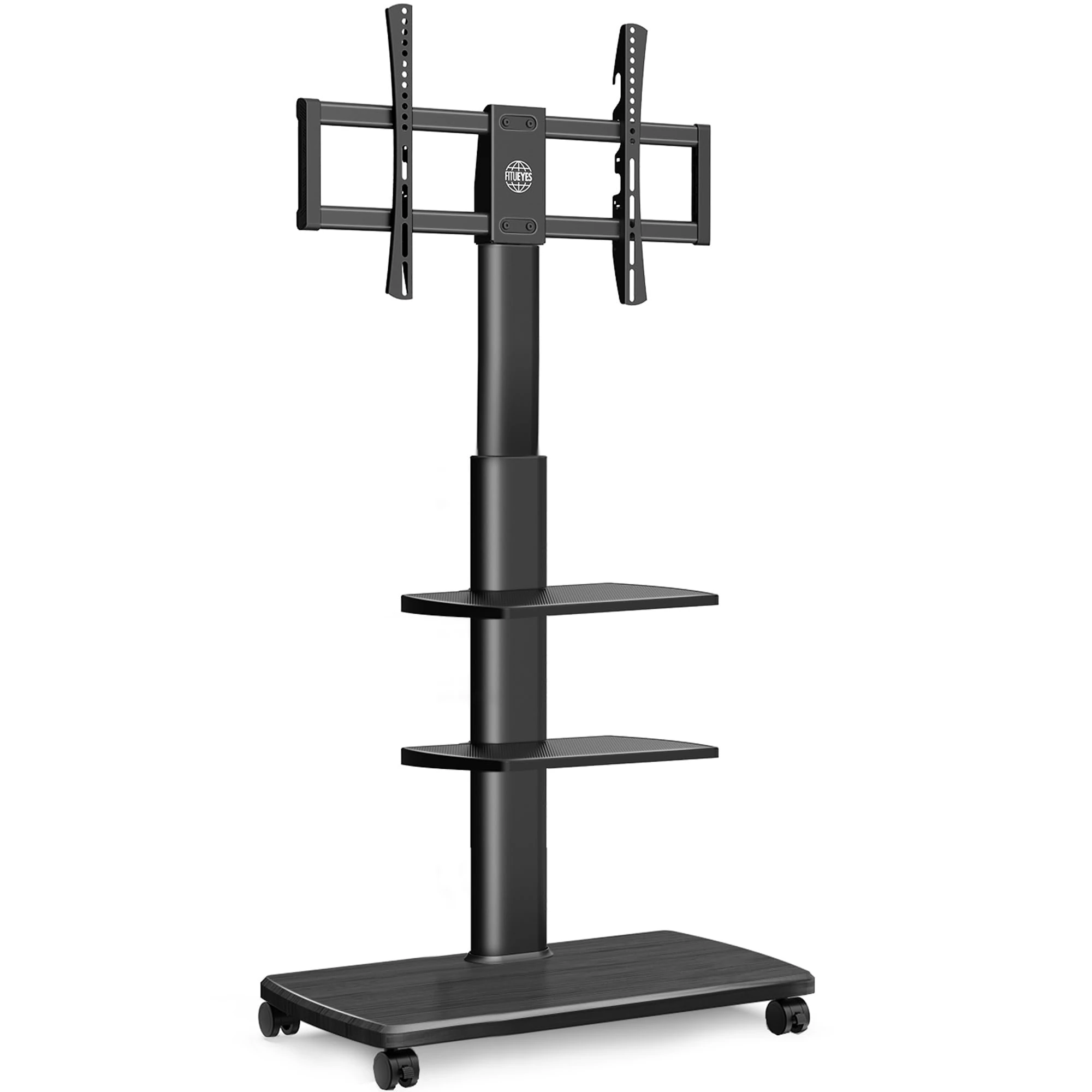 FITUEYES TV Stand on Wheels with 20mm Wood Base for 32-70 Inch, 60° Swivel & 6 Height Adjustable Trolley TV Cart, Tall TV Stand with 3 Shelves, Max. VESA 600x400mm Holds 40kg