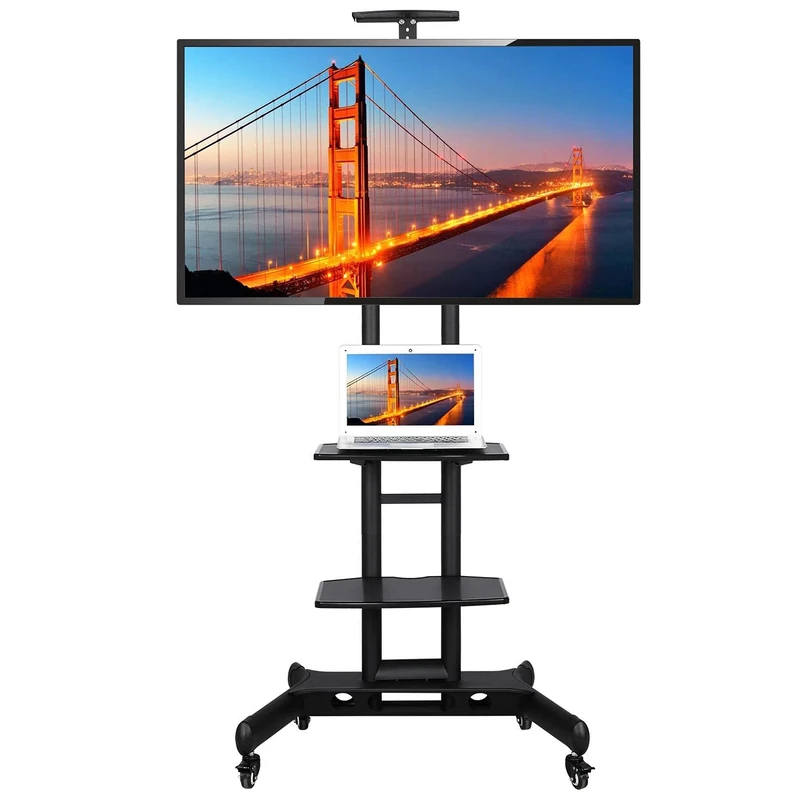 Yaheetech Universal Floor TV Stand Mobile Cart on Wheels 2 Tier Tray Height Adjustable Trolley for 32-75 inch Screen, Rolling Television Bracket Stand with Top Tray