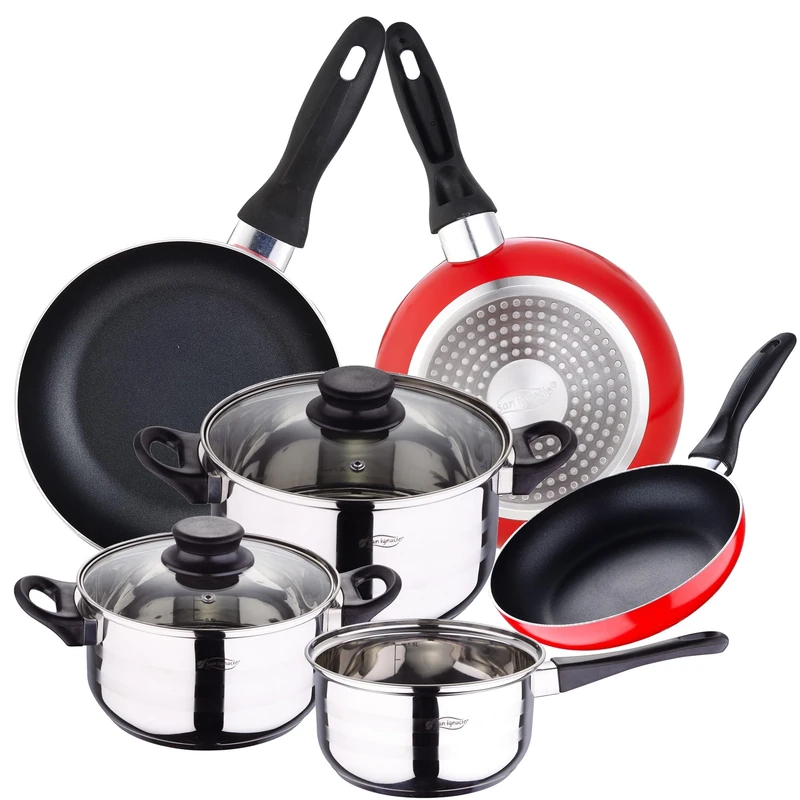 San Ignacio PK2356 Cookware Set 5-Piece Stainless Steel and 3-Piece Set 16/20/24 Red, Pressed Aluminium, Induction