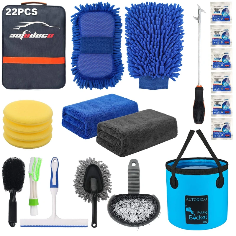 AUTODECO 22Pcs Car Wash Cleaning Tools Kit Set Chenille Microfiber Wash Mitt Sponge Towels Applicator Pads Wheel Brush Window Scraper Duster Tire Clearing Stone Hook Car Care Kit with Folding Bucket - Image 1
