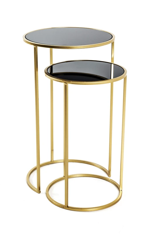 HAKU Möbel Set of 2 End Tables Gold, Black, Metal, Tempered Glass - Size: H 50/60 cm X Ø 30/35 cm, Style: Glam