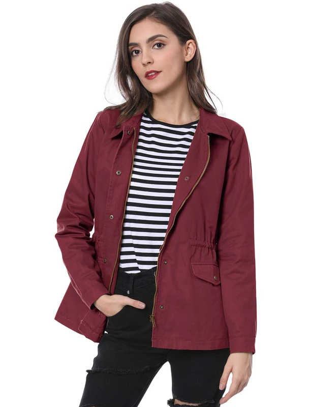 Allegra K Women's Utility Jackets Drawstring Waist 2024 Spring Flap Pockets Lightweight Jacket, Burgundy, L