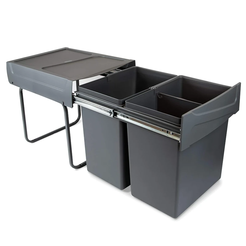 Emuca - Waste containers with lower fixing for kitchen, 2 removable 20L recycling bins, total capacity 40 L (2 x 20 L), steel and plastic, anthracite grey.