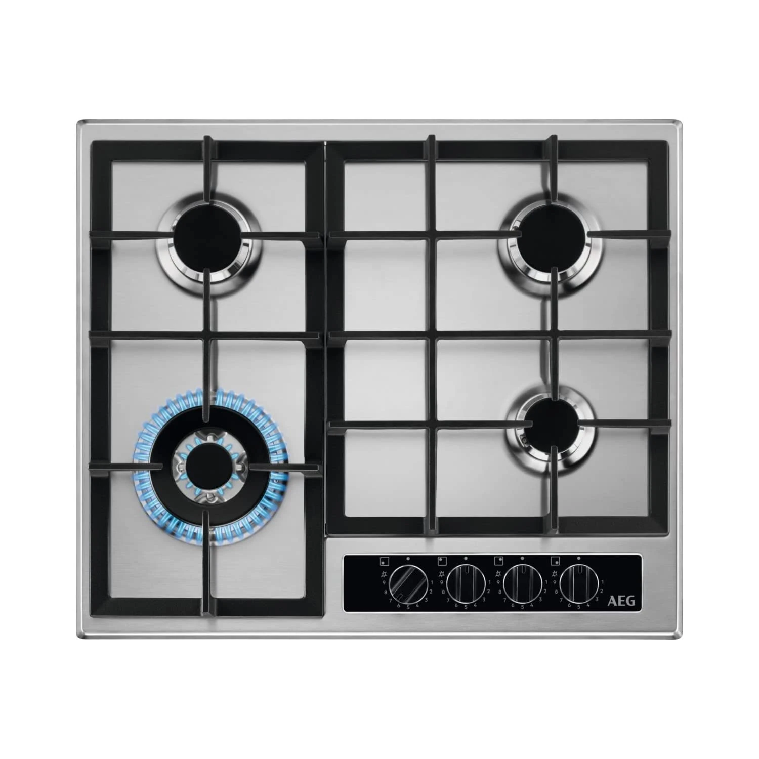 AEG 6000 Slim line Gas Hob with Wok Burner, 60cm 4 Burners, Step Power, Speed Burner, Powerful Wok, Integrated Ignition, Flame Control Levels 1-9, Cast Iron, 594mm, Stainless Steel