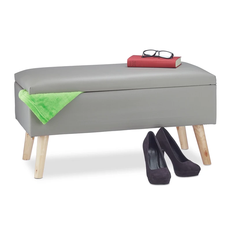 Relaxdays Hallway Storage Bench, 40L, Padded Faux Leather Trunk, Wooden Legs, HxWxD: 40 x 80 x 39.5 cm, Grey, Fibreboard