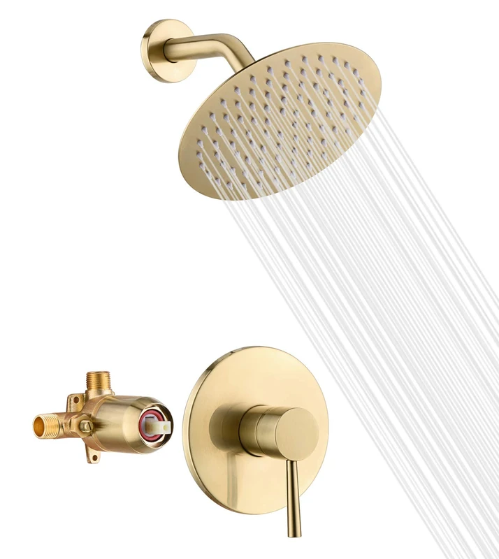 sumerain Shower Faucet Set Brushed Brass, Anti-Scald Pressure Balance Valve, 8 Inches Extra-Thin Rain Shower Head, with Non-Return Check Valves
