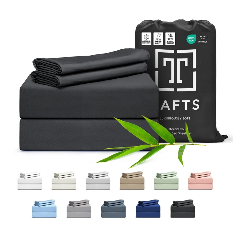 Tafts Cali-King Sheets Set, Pure 100% Viscose derived from Bamboo Bed Sheets Set, Luxuriously Soft, Silky, Cooling Sheets, Double Stitched, Lifetime Quality Promise (Black)