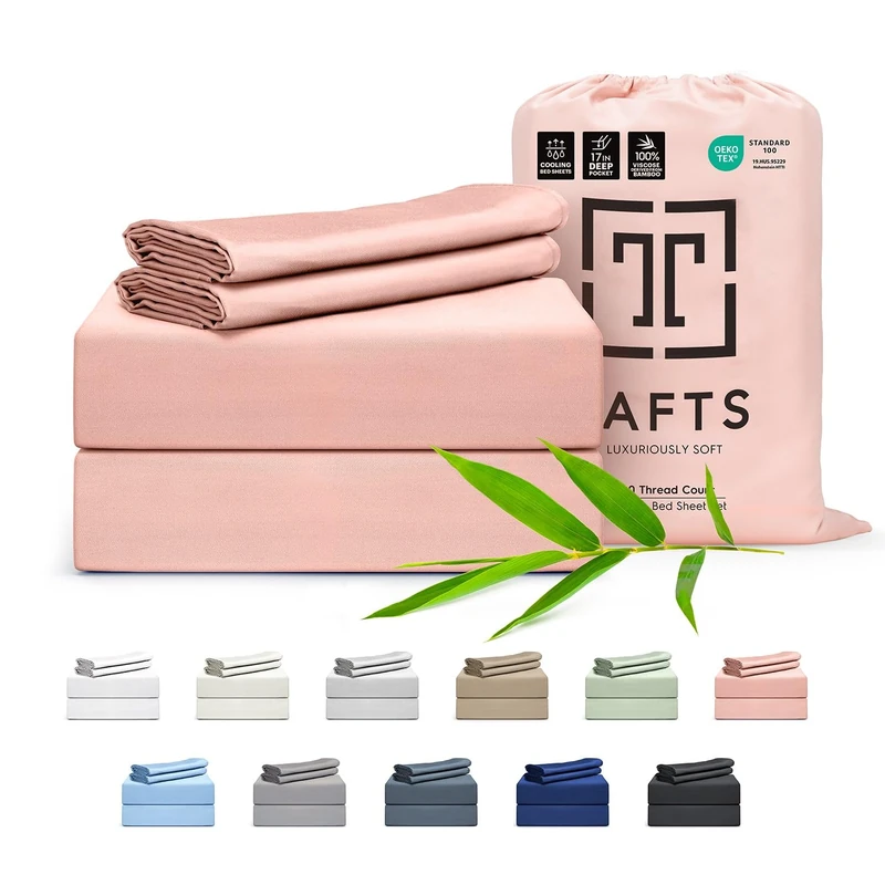 Tafts Cali-King Sheets Set, Pure 100% Viscose derived from Bamboo Bed Sheets Set, Luxuriously Soft, Silky, Cooling Sheets, Double Stitched, Lifetime Quality Promise (Pale Blush)