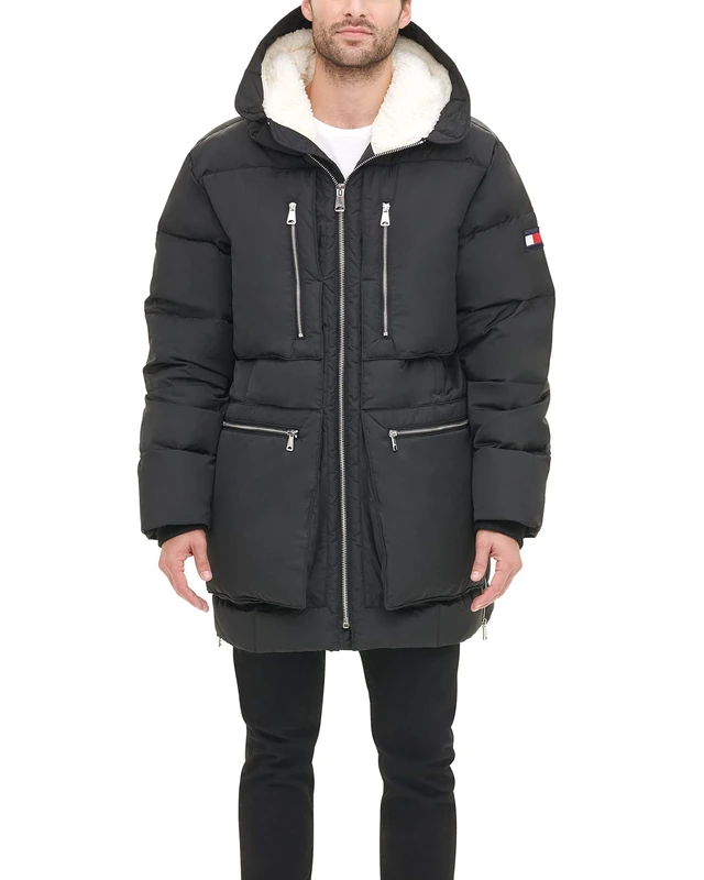 Tommy Hilfiger Men's Heavyweight Quilted Sherpa Hooded Parka Coat, Black, XL