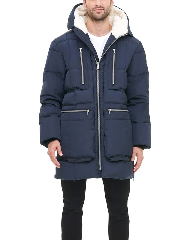 Tommy Hilfiger Men's Heavyweight Quilted Sherpa Hooded Parka, Navy, S