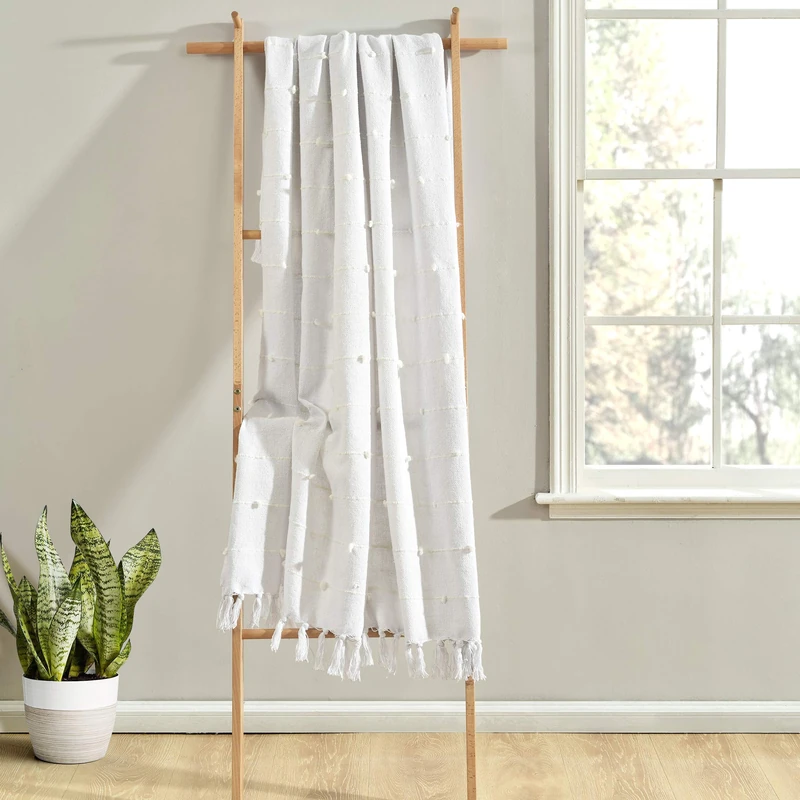 Lush Decor Boho Tufted Cotton Woven Tassel Fringe Throw Blanket, White
