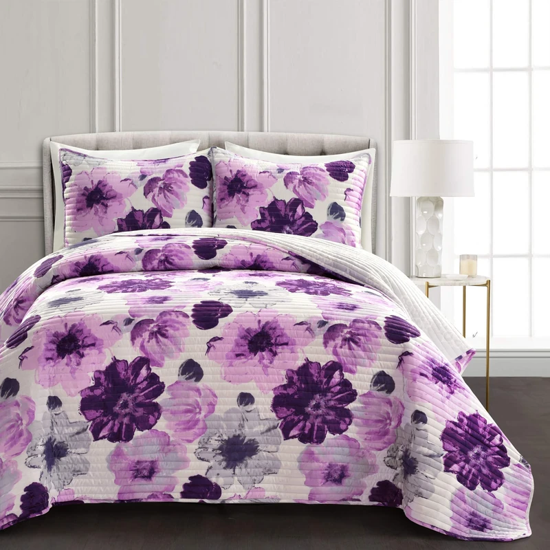 Lush Decor Leah 3 Piece Quilt Set, King, Gray & Purple