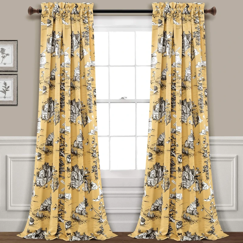 Lush Decor French Country Toile Light Filtering Window Curtain Panel Pair, 52" W x 84" L, Yellow & Gray