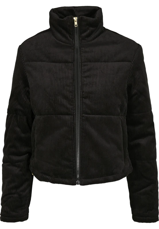 Urban Classics Women's Winter Corduroy Puffer Jacket with Stand-Up Collar, Short Cut, Art Down Jacket, Size XS to 5XL, black, S