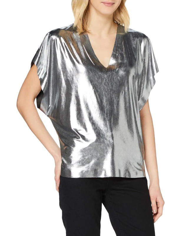 7 For All Mankind Women's S/S V-Neck Top Shirt, Gray, Large