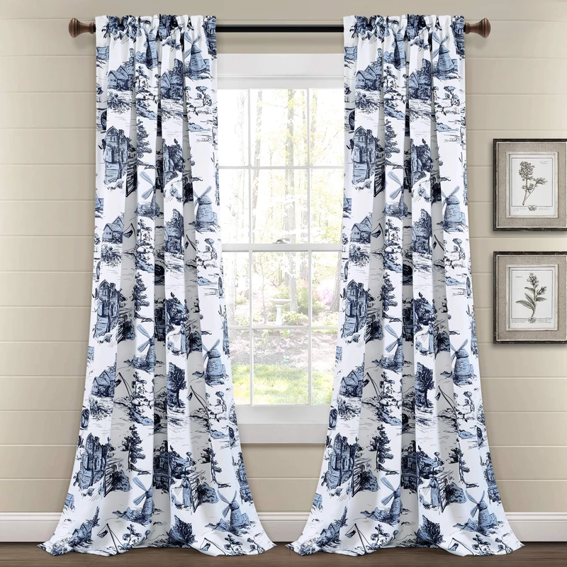 Lush Decor French Country Toile Light Filtering Window Curtain Panel Pair, 52" W x 84" L, Blue & White