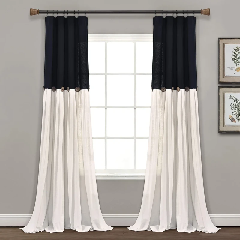 Lush Decor Linen Button Window Curtain Panel, Single, 40" W x 84" L, Black & White - Country Curtains - Rustic Decor - Color Block Modern Farmhouse Curtains For Living Room, Bedroom & Dining Room