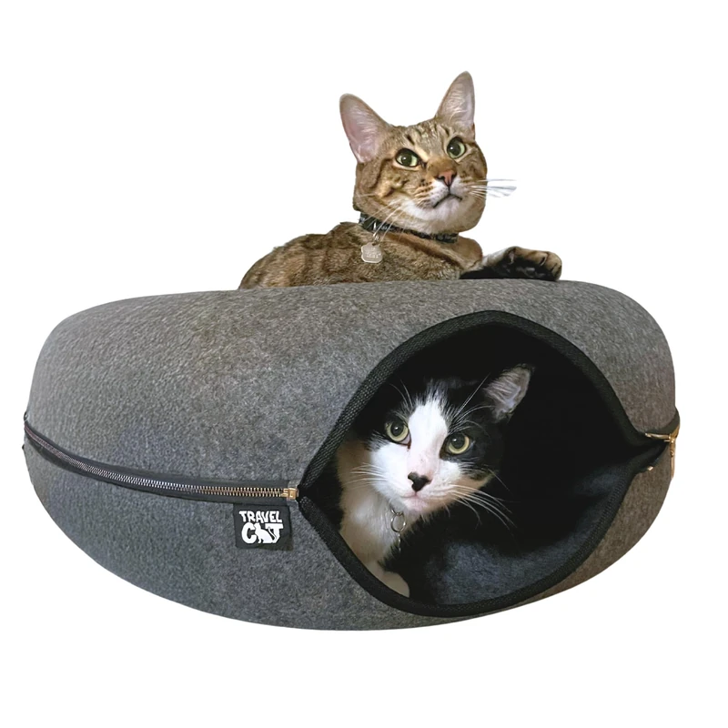 Travel Cat: Donut! Cat Hideaway Cave - Premium Cat Cave, Cat Scratcher and Pet Bed - 21-inch Diameter - Durable Felt Construction with Gold Zipper Trim - Comfortable and Cozy - Collapsible