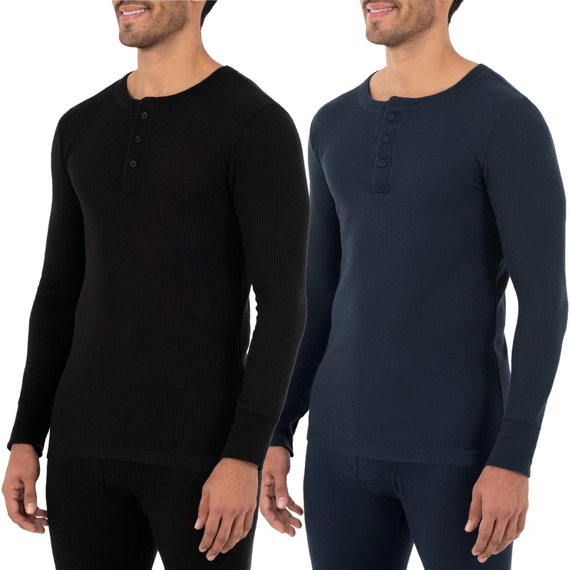 Fruit of the Loom Men's Recycled Waffle Thermal Underwear Henley Top (1 and 2 Packs) Pajama, Black/Navy, XL