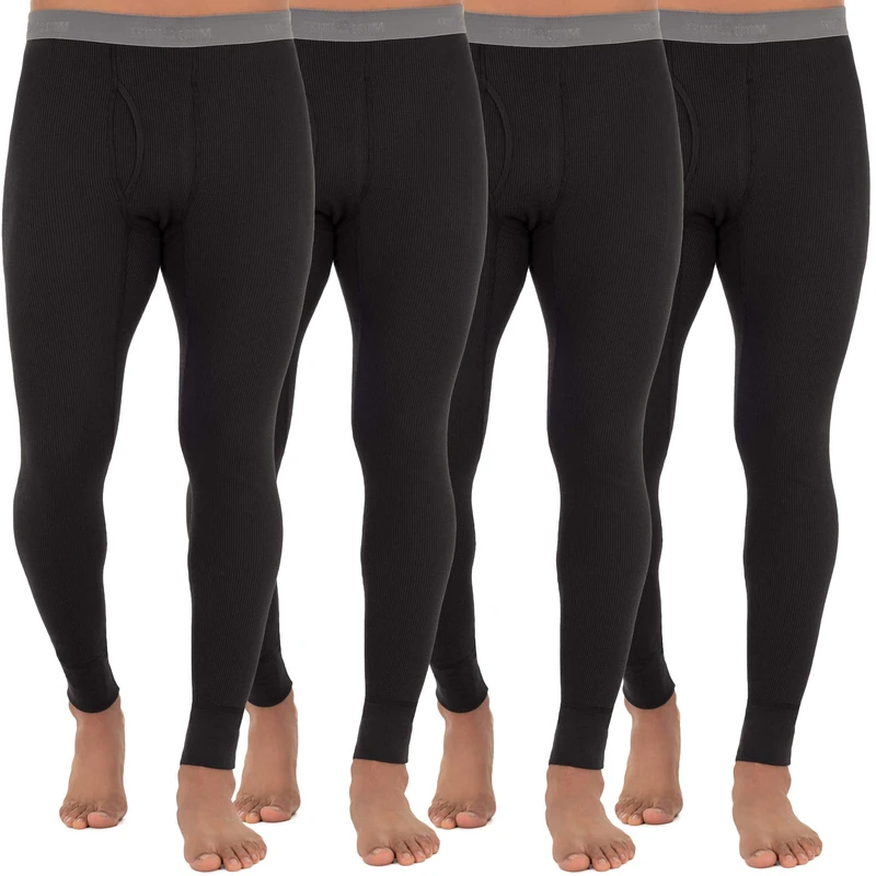 Fruit of the Loom Men's Recycled Premium Waffle Thermal Underwear Long Johns Bottom (1, 2, 3, and 4 Packs) Pajama, Black 4 Pack, Medium (Pack of 4)