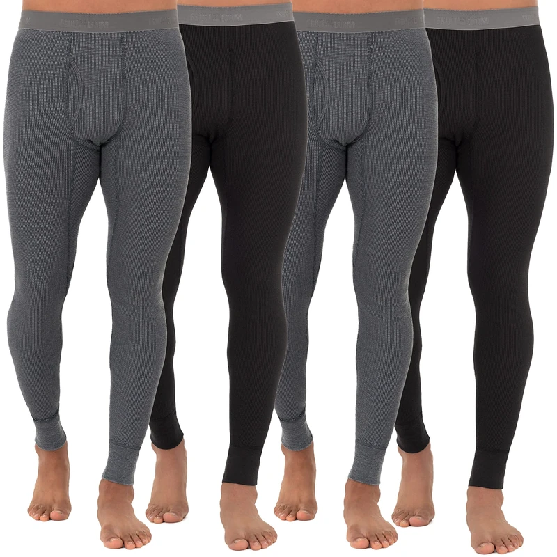 Fruit of the Loom Men's Recycled Premium Waffle Thermal Underwear Long Johns Bottom (1, 2, 3, and 4 Packs) Pajama, Black/Greystone Heather 4 Pack, Medium (Pack of 4)