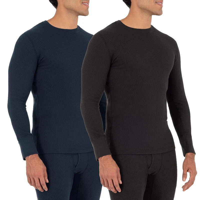 Fruit of the Loom Men's Recycled Waffle Thermal Underwear Crew Top (1 and 2 Packs) Pajama, Black/Navy, 4X