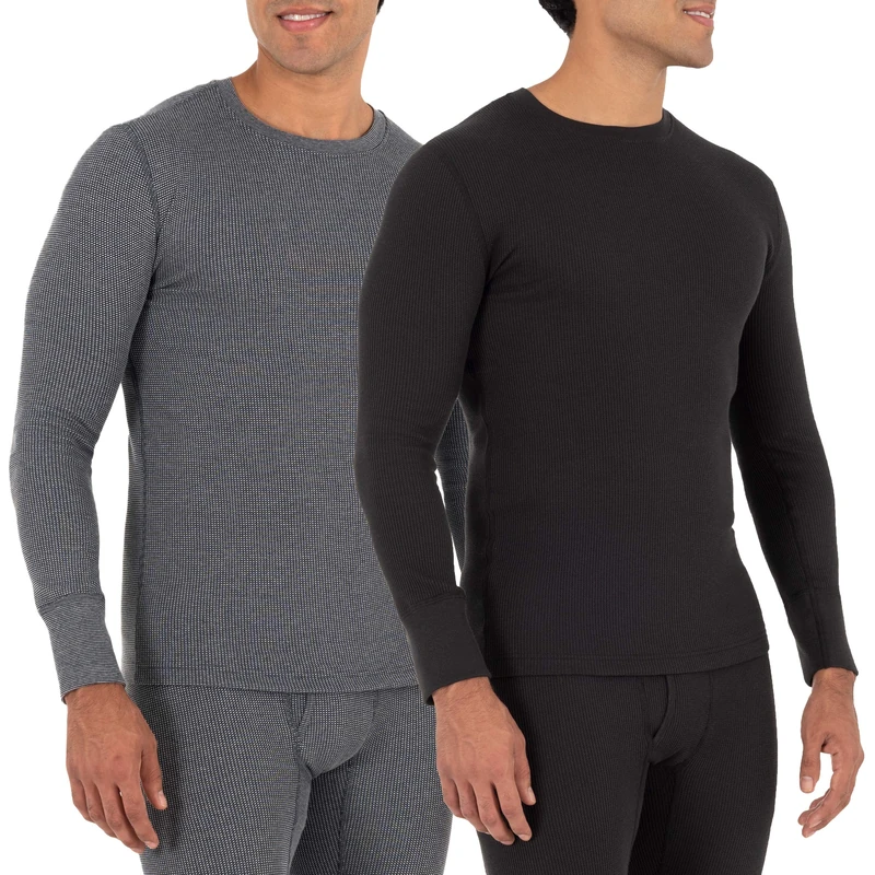 Fruit of the Loom Men's Recycled Waffle Thermal Underwear Crew Top (1 and 2 Packs) Pajama, Black/Greystone, Medium (Pack of 2)