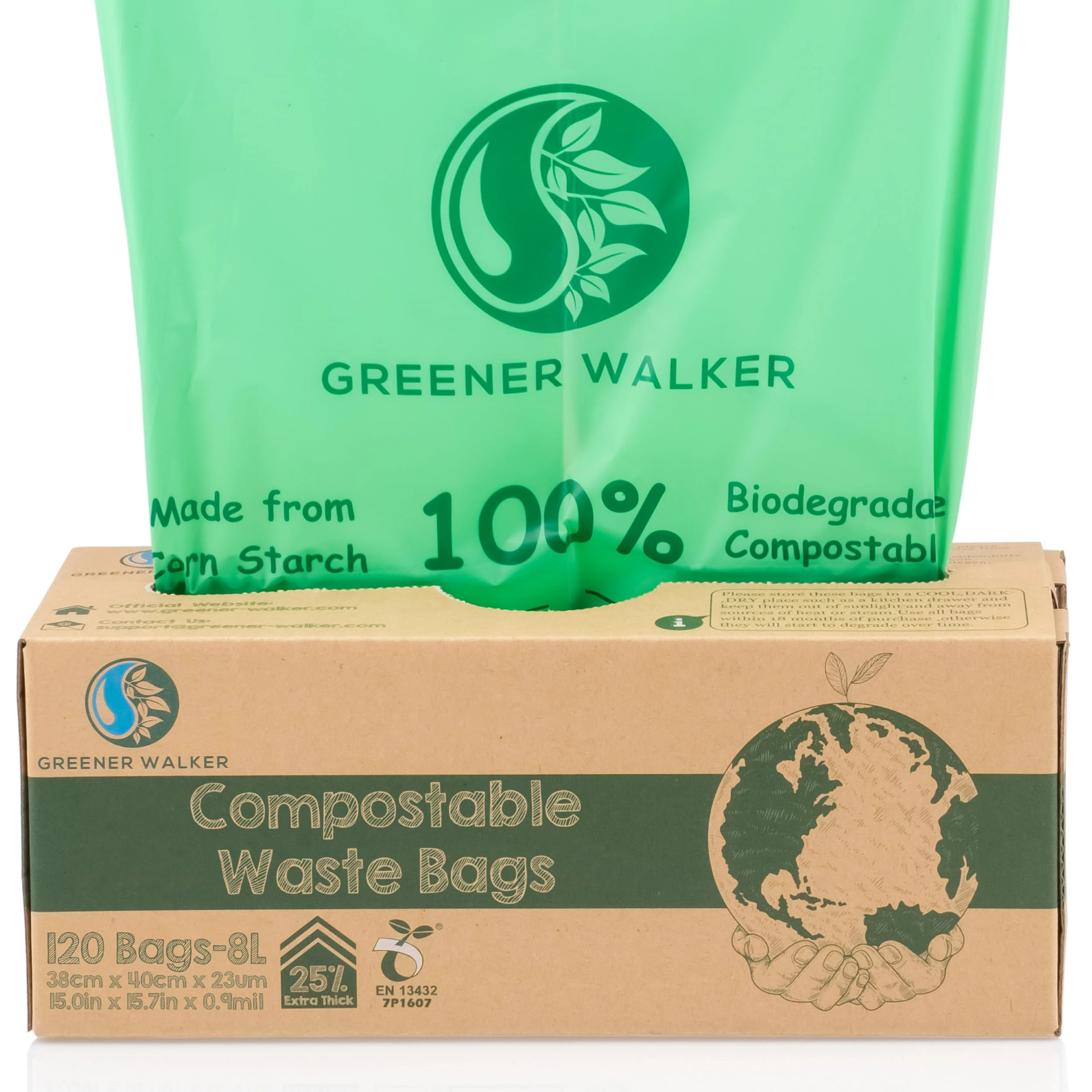 Greener Walker 25% Extra Thick Compost 6L/8L/10L/30L Caddy Bin Liners-120 Bags Biodegradable Kitchen Food Waste Bags(8L)