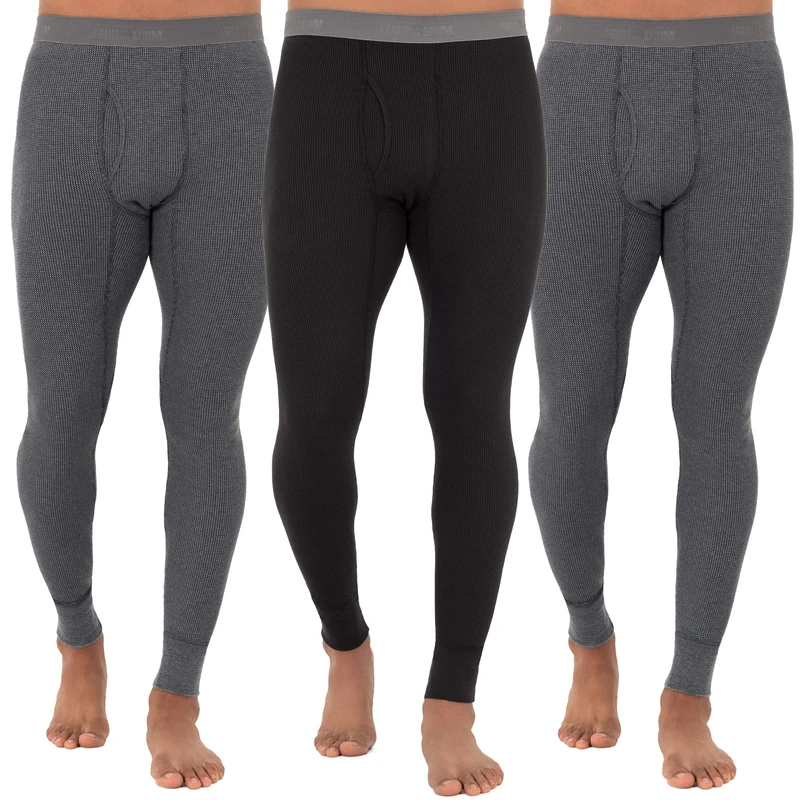 Fruit of the Loom Men's Recycled Premium Waffle Thermal Underwear Long Johns Bottom (1, 2, 3, and 4 Packs) Pajama, Greystone Heather/Greystone Heather/Black, Small (Pack of 3)