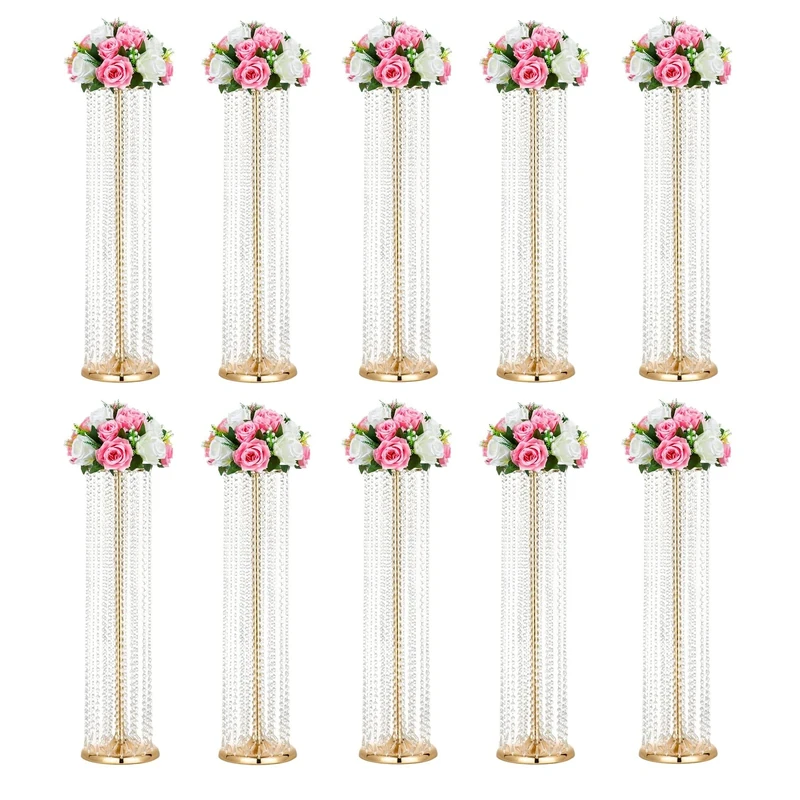 35.4inch Tall Luxury Crystal Metal Flower Stand Wedding Centerpieces for Tables, Parties, Wedding Waypoints, Home Decor (Gold,10pcs)