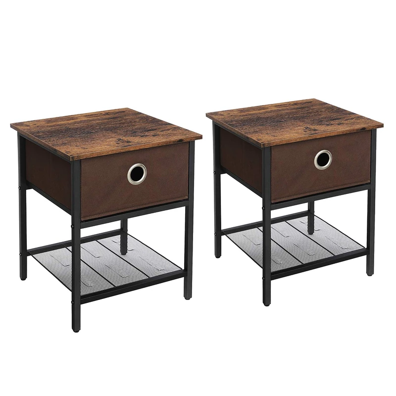 VASAGLE End Tables, Set of 2 Side Tables and Nightstands with Fabric Drawer, Heavy-Duty Steel Frame, Living Room Bedroom, Simple Assembly, Rustic Brown and Black LET203B11