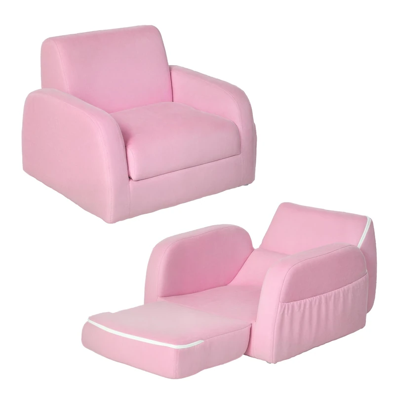 HOMCOM Children's Armchairs Kids Toddler Sofa Chair 2 in 1 Sofa Bed Folding Couch Soft Flannel Sponge Playroom Bedroom Living Room Pink
