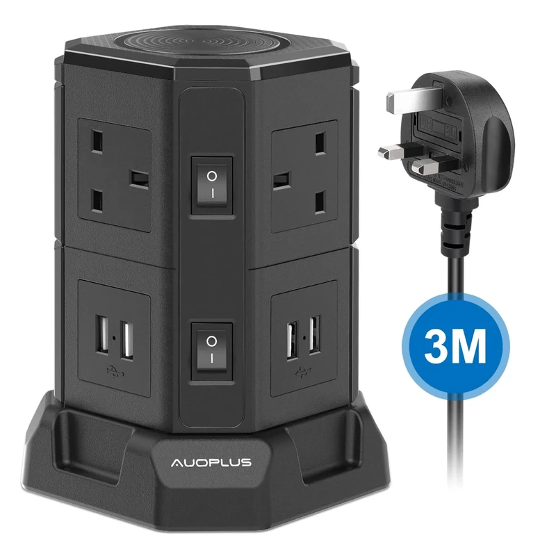 3M Tower Extension Lead with USB Solts,AUOPLUS 3250W 13A 6 Outlets and 4 USB Charging Ports Surge Protected Power Strip with Switch,Black Tower Extension Plug for Home and Office